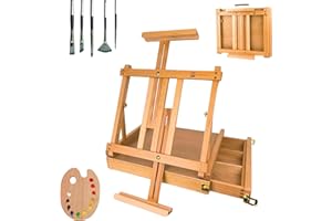 QUE MONA LISA Caballete mesa plegable profesional GAUGUIN con cajon. Incluye pinceles y paleta de pintura. Ajustable para lienzos grandes y pequeños. Maletin Madera de Haya. Adultos, niños