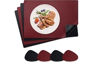 NOSTHEART Tischsets Abwaschbar 4er Set, Platzsets Abwischbar Tischsets Leder Hitzebeständig rutschfest Platzdeckchen mit Untersetzer Tropfenförmig, Doppelseitigen Mit Randnähten, Schwarz Dunkelrot