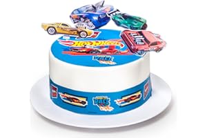 Kardasis Decoración de Pastel de Hot Wheels | Papel comestible para decorar | Divertidas decoraciones para cumpleaños con temática de la Hot Wheels | 20cm + 3 cintas 28x5cm + 4 figuras