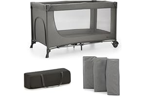 Kinderkraft Joy 2 Kinderbett, 2 in 1 Kinderreisebett, Babybetten, Kinderbett, Reisebett, Modernes Design, Kleine Abmessungen nach Zusammenklappe, Räder, Dunkelgrau