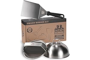 Norzn Brothers® Kit Smash Burger – Presse Smash Burger, Presse Burger, Smasher Burger, Kit Burger, Spatule Plancha, Cloche plancha, Acier INOX 304, Certifié Contact Alimentaire, Garantie 10 Ans