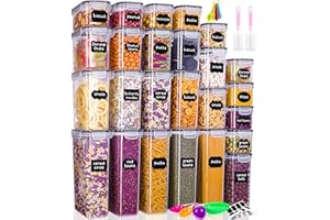 HEUCHAEY Botes Cocina Almacenaje 25 Piezas, Recipientes Alimentos de Plástico,Hermeticos contenedores cocina con tapa，Pinceles, bolígrafos，Etiquetas，Cucharas，para Cereales, Pasta,Nueces( 2.8L 2L 1.4L 0.8L)