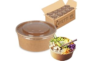 Caffetti 100 Ciotole Poke di Carta con Coperchio 1000 ml, Contenitore Insalatiera Vaschetta Usa e Getta Compostabile per Asporto Ristorazione Insalate, Zuppe, Pasta, Riso Bowl Diametro ⌀ 14,8 cm