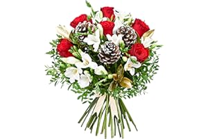 PRESTIGEFLOWERS Festive Rose & Freesia Bouquet - Fresh Christmas Flowers – Christmas Floral Arrangements for Holiday Décor, Gifts, Celebrations, Winter Weddings, Seasonal Cheer, and Special Gatherings. (Standard)