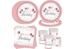 OMZSXK Roségold Partygeschirr für 16 Gäste,Happy Birthday Partyteller Party Geschirr Set,Rose Gold Geburtstagdeko Pappteller Becher Servietten,Männer Frauen Kinder Geburtstag Deko