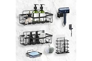 TIAZHAN Półka Prysznicowa bez Wiercenia, Regał Lazienkowy z Haczykami, 6 Sztuki Regał Lazienkowy, Nierdzewny, Akcesoria Lazienkowe, Matowe Wykończenie, Kosze Prysznicowe i Półki Prysznicowe Czarny