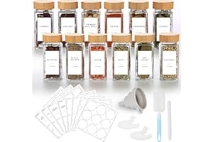 Lannvan Pot à Épices en Verre et Bois - 12 Pièces 120ml Bocaux à Épices avec 246 Étiquettes Françaises - Boite a Cuisine Rangement avec Tamis, Entonnoir