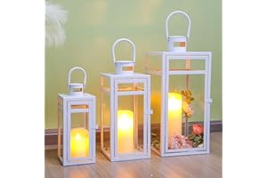 TRIROCKS Set de 3 Faroles Decorativos Metálicos Grandes para Vela, Alturas 48/38/30cm, con Vidrio Templado para Decoración de Hogar, Jardín y Fiestas (Blanco Mate)