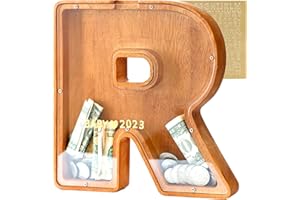 DBPBToU Hucha Madera Letra A-Z, Huchas Grande 25.5 * 3 * 23cm, Hucha Cerdito Personalizada para Niños/Regalos de Fiestas/Decoración Interior (R)