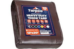 Tarpco Safety Lona de protección Lona Impermeable con Ojales, (3.65m X 6.1m, 190 g/m²) 10 Mil, Funda Protectora para Techo, Barco, Muebles, Jardín, Piscina, Coche, Marrón/Negro