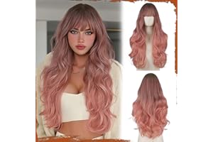 Sofeiyan Parrucca Lunga Ondulata,60 cm Biondo Rosa Parrucche Resistenti al Calore con Frangia, Capelli Sintetici Naturali per Donne,Adatte per Quotidiane, Feste e Cosplay