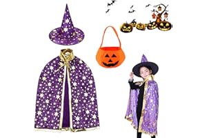 AOMAIGAD Cape du Magicien D'halloween, Costume de Sorcière D'halloween pour Enfants, Cape de Sorcier Enfant,Avec chapeau de sorcière et sac de bonbons citrouille,déguisement cosplay