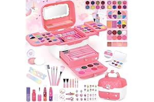 BuzzoXerex Maquillage Enfant Fille, Ensemble de Malette Maquillage Fille 73 Pièces Lavable Coffret Maquillage Enfant avec Miroir de Maquillage, Autocollant pour Ongles et Rouge à Lèvres (Rose)