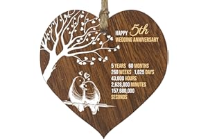 STUFF4 5th Wedding Anniversary Wooden Heart Plaque, Dark Wood Sign Keepsake, Celebrate Wooden Anniversary Wife Husband Boyfriend Girlfriend, Plaque with Quotes Gifts from the Kids
