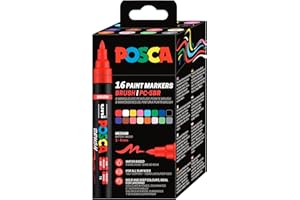 POSCA Mitsubishi Pencil - Pochette 16 Marqueurs PC5BR - Pointe Brush Moyenne, Semi-Flexible - Peinture à Base d'Eau - Tout Support - Couleurs Assorties