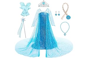 LOBTY Fille Robe de Princesse Elsa avec Accessoires Déguisement de Reine des Neiges Costume de Princesse Anniversaire Fête Noël Partie Halloween Carnaval Cosplay Robe pour Enfants