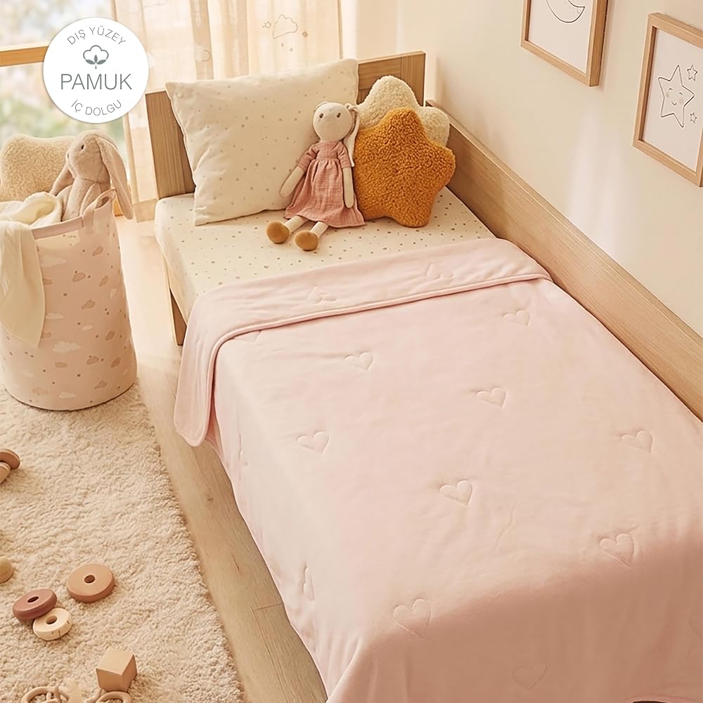 Ocean Home Textile%100 Pamuk Penye Pembe Kalp Nakışlı Bebek Çok Amaçlı Örtü 90 x 120 cm