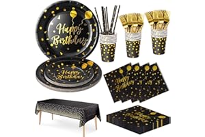 Nkaiso Anniversaire Party Vaisselle, 20 invités Noir Or Kit Vaisselles Anniversaire Assiette Dîner Papier Tasse Serviette Réutilisable Couverts Décorations fête Enfants