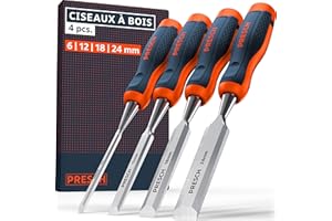 Presch Ciseaux à bois 4pcs. (6, 12, 18 & 24mm) - Parfaitement aiguisé pour utilisation immédiate - Avec un angle de 25° et un capuchon métallique robuste