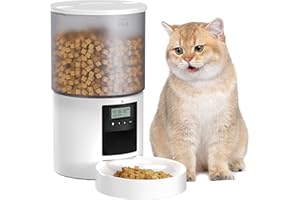 POOEKEN Automatic Cat Feeder: Cat Food Dispenser with Programmable Timer - Intelligent Cat Bowls with 10s Voice Recorder - Electric Dog Feeder Support 1-6 Meals Button Control White 4L