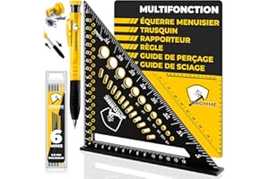 DROMME 5 en 1 Equerre Menuisier 180 mm + Crayon Chantier + Mines - Multifonction : Trusquin, Rapporteur, Gabarit de perçage, Règle, Équerre à chapeau – Alu Renforcé, Gravure Inaltérable