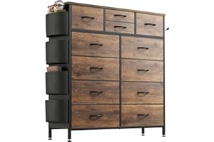 Buluri Chest of Drawers Bedroom, 12 Fabric Drawers Dresser with Side Pockets and Hooks, Wooden Top and Metal Frame, Tall Drawers for Closet, Living room, Kids Room (Rustic Brown)