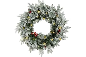 VTERLY 50 cm sztuczny wieniec bożonarodzeniowy z 50 diodami LED, ozdobiony czerwonymi jagodami, mroźne gałęzie, dekoracja bożonarodzeniowa do drzwi na ścianę do wewnątrz i na zewnątrz