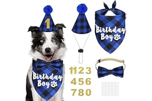 JOTFA Plaid Dog Party Supplies. Birthday Boy Bandanas, Hat, Bow Tie, Number for Small, Medium, Large Dogs