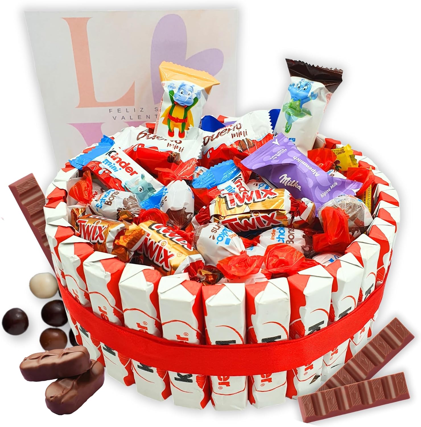 Tarta de Chocolate Kinder + Miniatures - Regalo Ideal para Día de la Madre, San Valentin, Cumpleaños... + de 80 Chocolates Kinder - Tarta de 20 cms [IAMI]