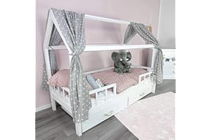 ‎PUCKDADDY Puckdaddy Hausbett Vorhang Frida – 146 x 298 cm, 2er-Set Stoffhimmel aus 100% Baumwolle in Grau mit Sterne Muster, hochwertiger Bettvorhang fürs Kinderzimmer