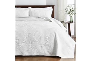 Qucover White Quilted Bedspreads Soft and Comfortable Cotton Bedspread King Size with Elegant Embroidered Palm Leaf Pattern, 3 Pieces Bedspreads Coverlets Sets with Pillowcases for All Seasons
