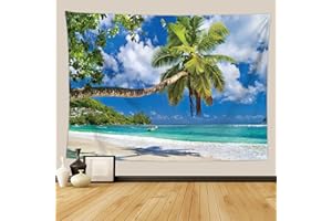 Fullfun Tropical Palm Tree Island Ocean Beach Tapestry, Upgraded Blue Sky Clear Ocean Tapestries Seaside Landscape Wall Hanging for Living Room Bedroom Dorm Home Decor 60 x 80 inch