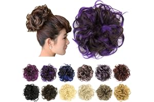 IMISSU 2 Pezzi disordinato chignon pezzo di capelli updo falso scrunchies coda di cavallo di estensione ondulati capelli ricci pezzi chignon fascia per le donne (2PZ Viola Marrone)