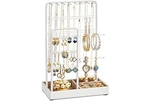 SONGMICS Soporte para Joyas, Organizador de Joyas, Expositor de Joyas, Marco de Metal, Bandeja de Terciopelo, para Collares, Pulseras, Pendientes, Tachuelas, Anillos, Regalo, Blanco JJS021W01