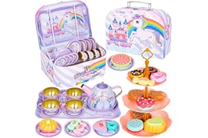 Damcyer Set da tè per bambini, 33 PCS Set Cucina Bambini da Festa del tè con Vassoio per Cibo e Dessert Teiera Accessori da Cucina per Bambini Ragazze Gioco di Finzione,Unicorno