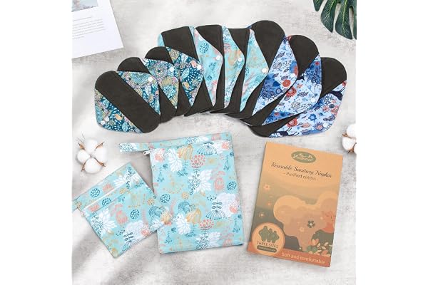 Viedouce Serviette Hygiénique Lavable,Lot de 9 Serviettes Hygiéniques Réutilisables,Serviette Hygiénique en Tissu,Protege Slip Lavable avec 2 étanches Sacs de rangement