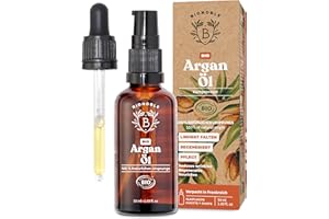 ‎BIONOBLE Bionoble Arganöl Bio 50ml - 100% Rein, Natürlich, Kaltgepresst - Gesicht, Körper, Haar, Bart, Nägel - Vegan und Cruelty Free - Argan Oil - Glasflasche + Pipette + Pumpe