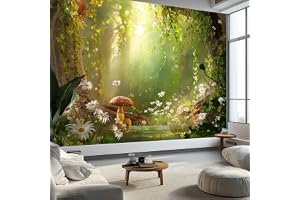 Fleece fototapet barnrum 400 x 280 cm (B x H) – 3D-effekt tapet fantasi magisk skog svamp tusensköna, gröna fototapeter för f