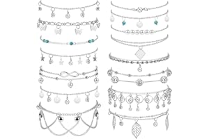 Dochais 7-24 piezas Tobillera de plata brillante con diamantes de imitación Boho impermeable ajustable verano tobillera tobillera de las señoras tobillera de cuentas vintage, 21cm