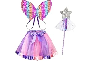 AUYAO Feenflügel Kostüm Set Kinder Schmetterlings Flügel Mädchen Prinzessinnenflügel Tüllrock Schmetterlings Elfen Fee Anzieh Sets mit Zubehör Tütü für Halloween Karneval Geburtstag Fasching Kostüm