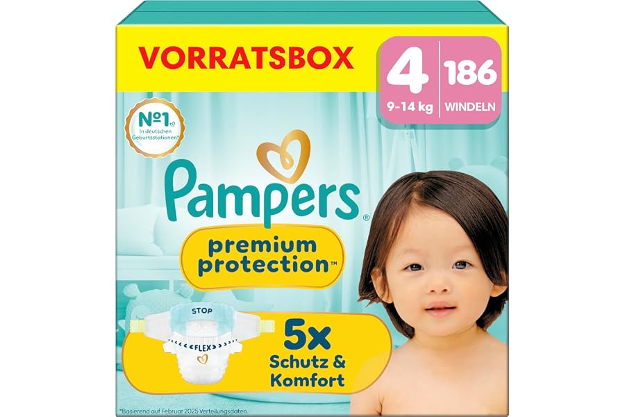 Pampers Premium Protection Größe 4, 186 Windeln, 9kg-14kg | unser Nr. 1 Haut- und Auslaufschutz – Produktbeispiel aus Baby