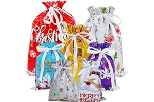 LECONCES Christmas Drawstring Gift Bags, 20 PCS Xmas X-Large,Large,Medium and Small Wrapping Bags, 7 Design Christmas Goody Bags for Christmas Party, Presents, Holiday