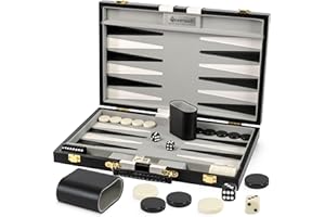 QUEENSELL Sets de Backgammon pour Adultes – Jeu de Plateau en Cuir PU Noir de 15 Pouces – Jeu de Voyage Classique pour 2 Joueurs avec 32 Pièces, Dés et Gobelets