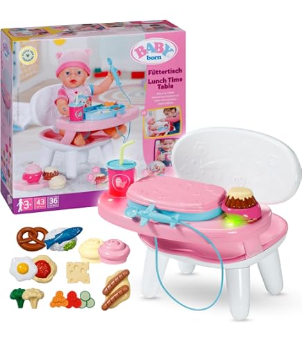 Chaise haute pour poupée bébé ROBUD, chaise haute de jeu avec ceinture de sécurité, accessoires pour poupée bébé en bois rose avec plateau mobile, convient aux poupées de 45,7-50,8 cm