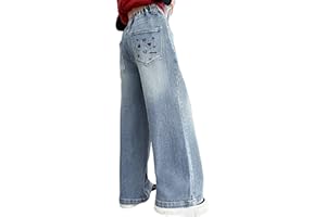 Rolanko Jean Baggy pour Filles, Taille Haute Élastique et Jambes Larges Pantalon en Denim de Bootcut Ample pour Enfants 6 à 15 Ans