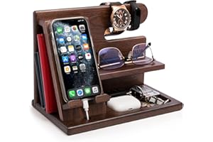 ‎TESLYAR TESLYAR Drewniana stacja dokująca do telefonu dla mężczyzn, organizer na biurko lub szafkę nocną, prezenty urodzinowe dla mężczyzn, taty - pomysł na rocznicę od żony - uchwyt na klucze, portfel stojak