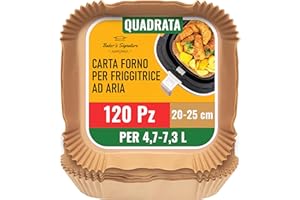 BAKER'S SIGNATURE Carta Forno per Friggitrice ad Aria, 120 Pz Monouso Fogli per Friggitrice ad Aria - Quadrata 20-25cm per 4,7-7,3 L Antiaderente Impermeabile Resistente all'olio Compatibile con PHILIPS, COSORI e altro