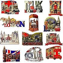 Set 12 Calamite Da Frigo Con Simboli Di Londra: Union Jack, Big Ben, Cabina Telefonica E Bus - Souvenir Inglesi