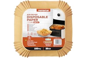 PORTENTUM Air Fryer Liners 100PCS Disposable, Unbleached and Greaseproof. Suitable from 5 to 8 liters. Food-grade use Baking paper BPA Free, FDA, and LFGB certified