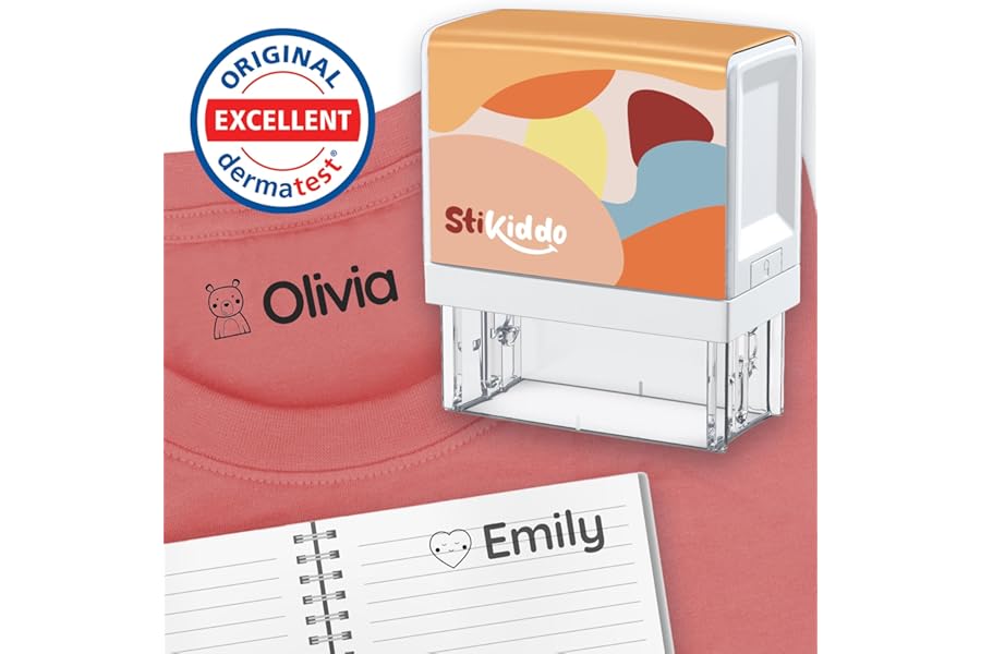 StiKiddo® Personalised Name Stamp for Clothes Kids - for Clothing & Paper, Child Label Stamp for School Uniform & Nursery, Washing Machine Safe and Customisable